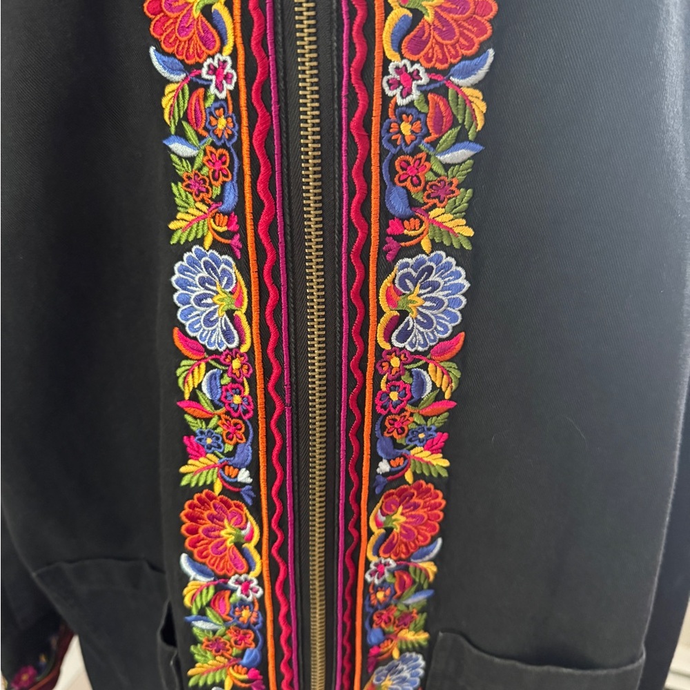 Embroidered Black Denim Jacket Pockets Full Zip , Craft Cuff Buttons Sz  Large - Picture 9 of 10